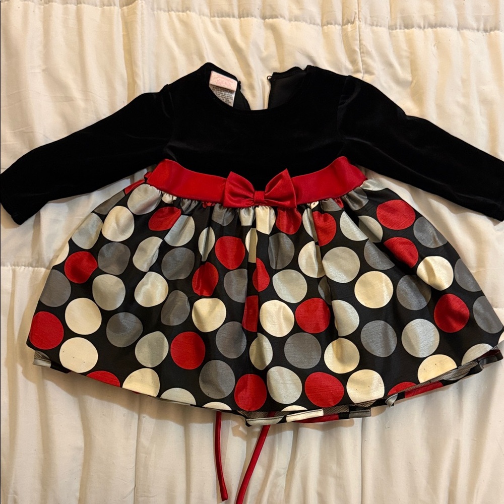 Infant Girls Black Velvet Red Polka Dot Holiday Dress with Bow